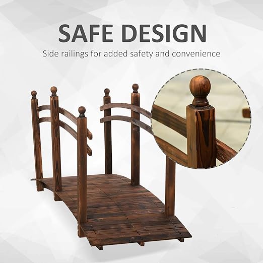 7.5' Fir Wood Garden Bridge with Side Railings, Arched Walkway for Backyards, Gardens Streams, Carbonized Finish, Max Load 505 lbs, 89.75” L x 29.5” W x 43.25” H