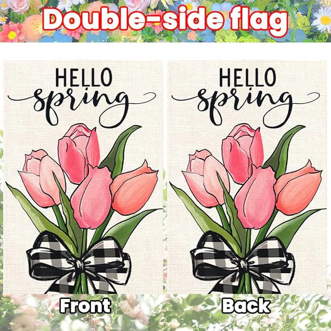 DIYDEC Spring Garden Flag 12x18 Inch Vertical Double Sided Burlap Spring Tulip Flowers Design Hello Spring Flag for Outdoor Yard Garden Seasonal Holiday Farmhouse Spring Summer Decoration