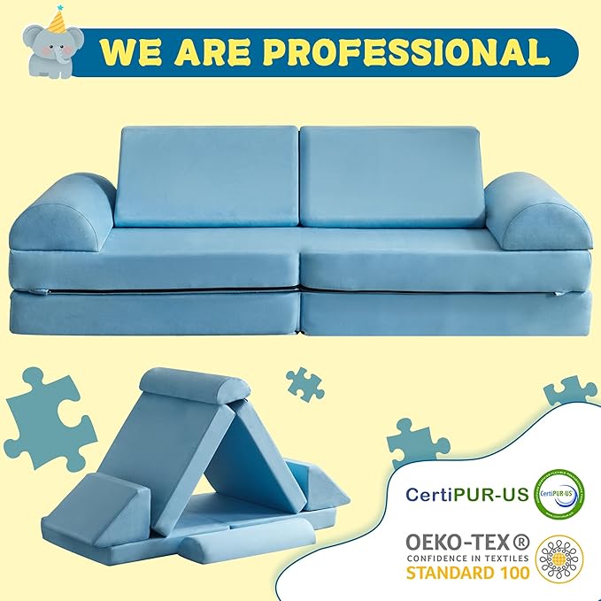 jela Kids Couch Safety Certified Play Couch Soft Kids Sofa with Machine Washable Cover Thick Foam Fort Building Set for Playroom Indoor (57"x28"x18", Baby Blue)