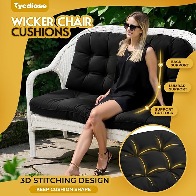 All Weather Wicker Chair Cushions of 3 Pieces, Waterproof Outdoor Wicker Chair Cushion for Patio Furniture Loveseat Settee Bench, 1 Loveseat and 2 U-Shaped Thickened Cushions, Black