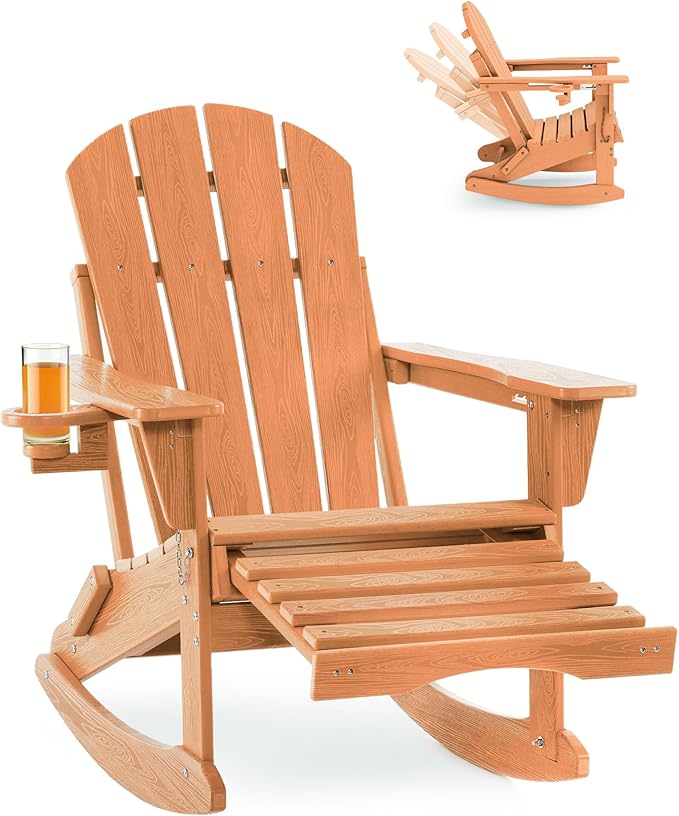 Adjustable Adirondack Rocking Chair with Retractable Ottoman, 4-in-1 Multifunctional Folding Patio Chair with Cup Holder, Outdoor Chair Wood Texture for Lawn, Porch, Backyard, Pool(Teak)