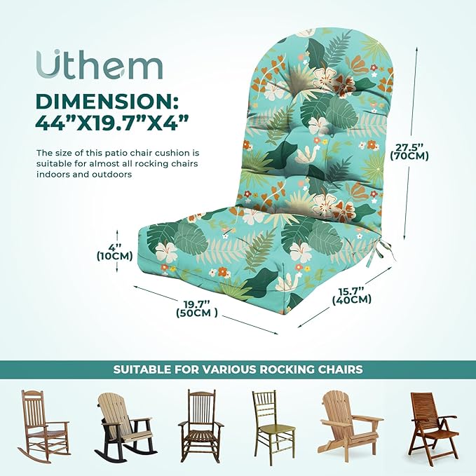 Adirondack Chair Cushion Waterproof Indoor Outdoor Rocking Chair Cushion 44 Inches Patio High Back Chair Cushions Thickened Adirondack Rocking Chair Cushions with Ties, Cyan Flower Leaves