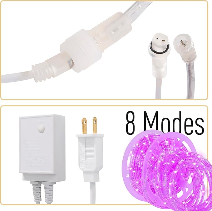 Waterproof LED Rope Lights, Connectable & Flexible with 8 Modes, Outdoor Lighting for Deck, Garden, Pool, Patio & Christmas Decor (Purple, 100ft)