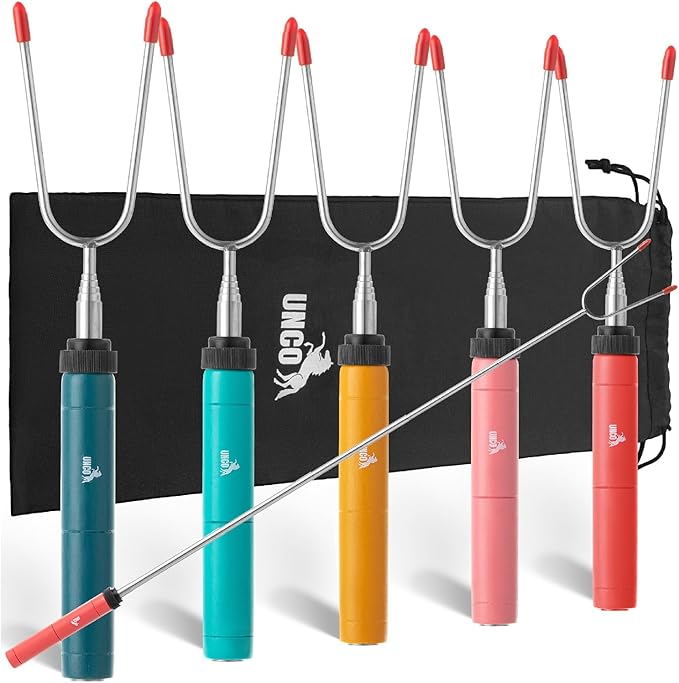 UNCO- Marshmallow Sticks for Fire Pit, 5 pcs, 34", Colorful Rotational Handles, Extendable Stainless Steel Marshmallow Roasting Sticks with Canvas Storage Bag, Skewers for Smores Skewers