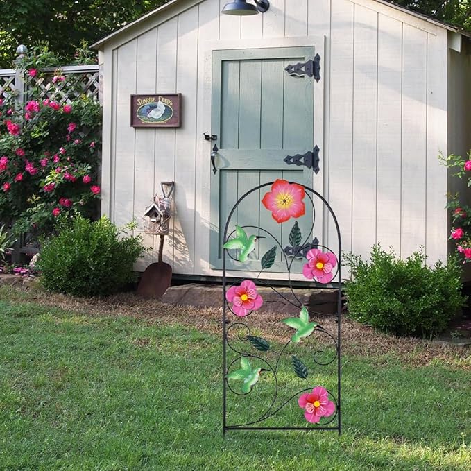 YEAHOME Garden Decor for Outside, 33" Hummingbird Decorative Garden Stakes with Pink Flowers for Spring Garden Decor, Metal Yard Art for Outdoor Lawn Backyard Porch Decorations