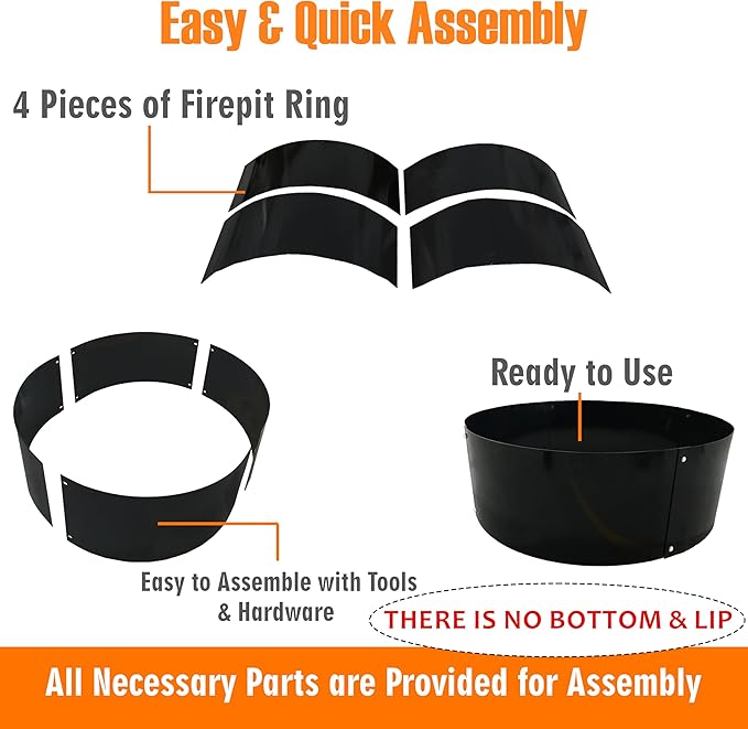 FEBTECH - Fire Rings for Outside Wood Burning Fire Pits - 36" Dia X 12" H - 2mm Thick Steel DIY Firepit Ring Liner - Perfect for Outdoor Garden, Camping & Above or In-Ground Fire Pits