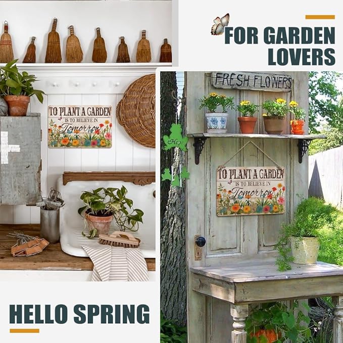 Spring Decorations Spring Wall Decor Vintage Tin Signs, To Plant A Garden Is To Believe In Tomorrow, 8x12 Inch Garden Signs