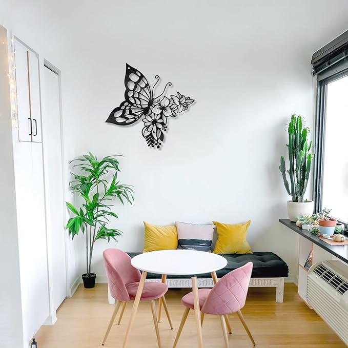 EZ4ENCE Butterfly Decoration Wall Art, Metal Hanging, Wall Home Decor, Boho, Nature Themed, Bohemian Style, for Bedroom Living Room Home Wall, Black, Large