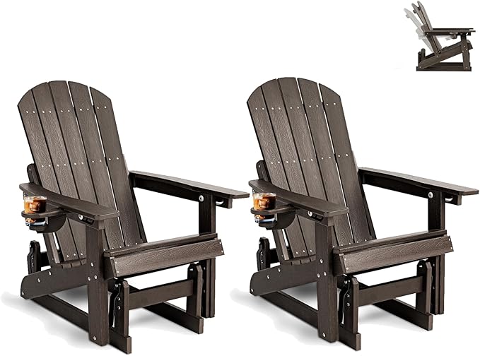 3-Position Adjustable Adirondack Chair with Cup Holder Set of 2, HDPE All-Weather Outdoor Glider Chair, Wood-Grain Fire Pit Chairs for Pool, Yard, Deck (Coffee Brown)