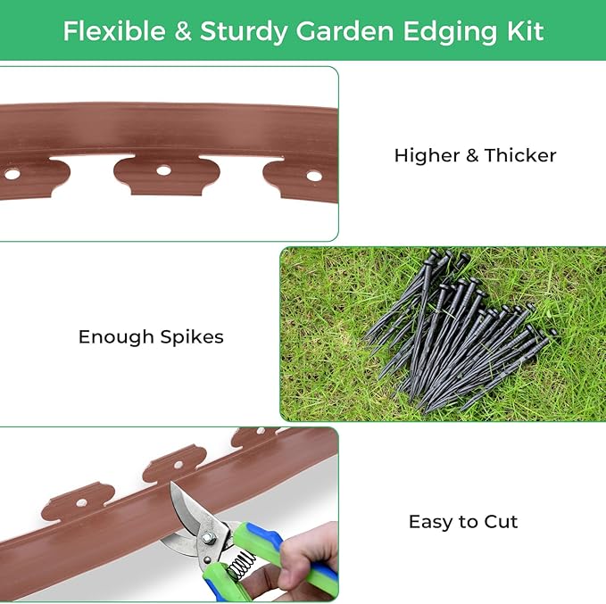 2-Inch x 200 FT Landscape Edging Border with 300 Stakes, Plastic Garden Edging Border Kit, Flexible No Dig Lawn Edging Border for Garden Flower Beds Yard Pathway Paver (Brown)