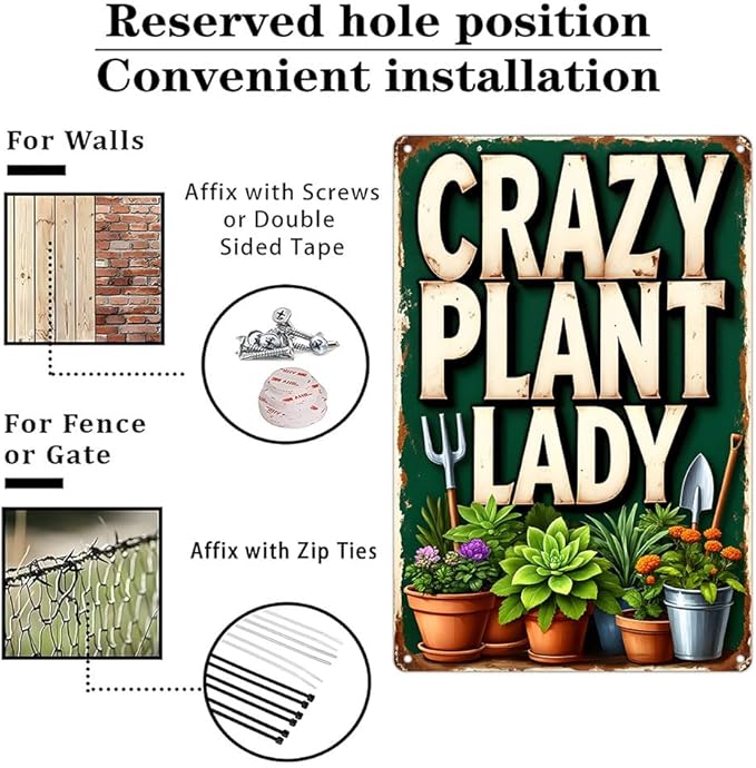 Funnysign Vintage Crazy Plant Lady Tin Sign, Funny Rustic Garden Wall Decor with Succulents & Potted Plants, Metal Wall Art for Patio, Porch, Greenhouse, Plant Room or Home, 8x12 Inch (9816)