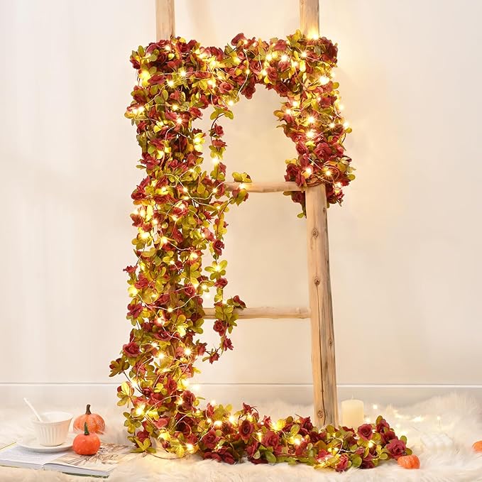 BLEUM CADE 5Pcs 41Ft Flowers Garland Artificial Rose Vines with 32.8Ft String Lights, Cute Fake Hanging Flower Vines Floral Garland Decorations for Wedding Party Wall Room Decor Aesthetic