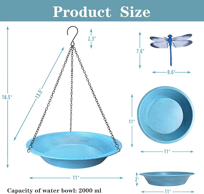 Hanging Bird Bath for Outdoors,11.4 inch Birdbath Bowl Window Birds Feeders with 13.5 in Rust-Proof Black Chains Metal Hanging Birds Feeder for Garden Backyard Decor Vintage Blue
