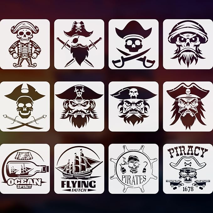 YKW 12 Pcs Pirate Stencils Set, Reusable Nautical Theme Painting Templates, Skull Crossbones Ship Captain DIY Crafts, for Wood Walls Chalkboards Rocks,Ideal for Crafters,and Artists