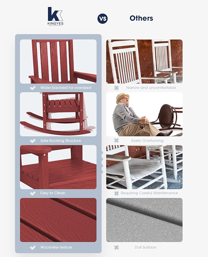 KINGYES Outdoor Rocking Chair Set of 6, All-Weather Patio Rocking Chairs for Porch, HDPE Rocking Outdoor Chairs with High Back for Adult, Heavy Duty Outdoor Patio Rockers for Garden, Lawn, Red