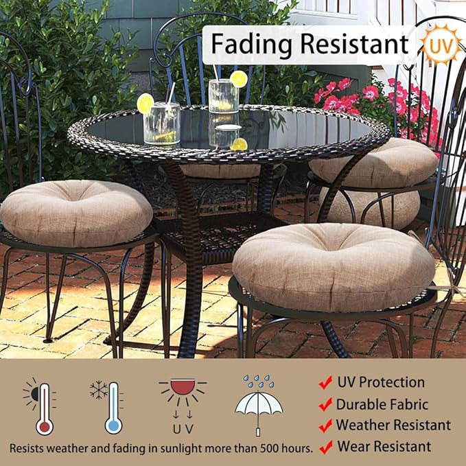 Magpie Fabrics Outdoor Round Bistro Seat Cushions with Ties, 15"x15"x4" Set of 2, Tufted Waterproof Barstool Chair Pads for Patio Home Garden Office, Light Brown Textured