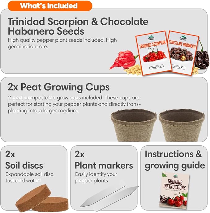 Chocolate Trinidad Scorpion Pepper Seed Starter Kit, Hot Pepper Grow Kit with Peat Pots, Coco Coir Discs, Plant Markers and Instructions, Indoor/Outdoor Growing