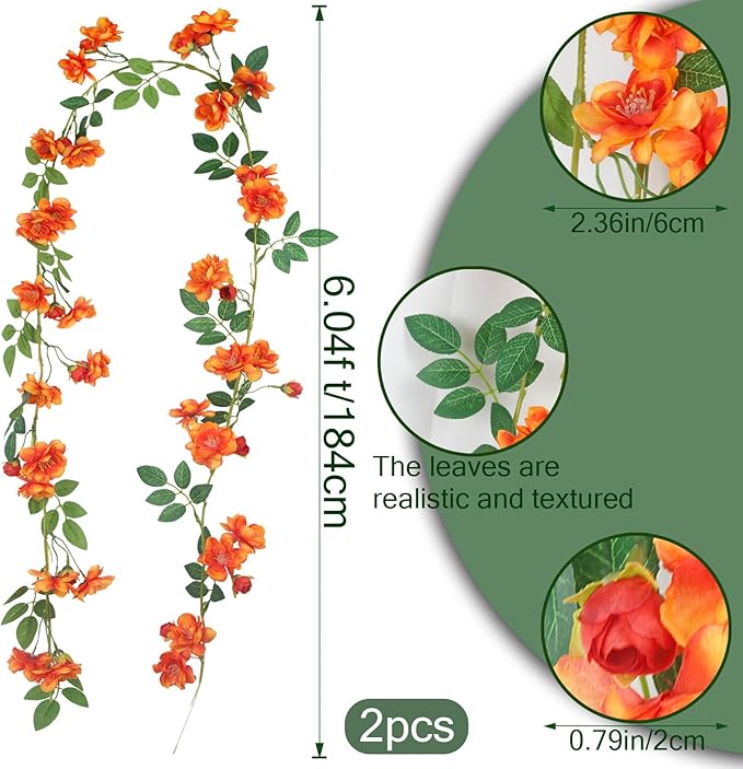 2 Pcs Artificial Flowers Garland for Outdoors Orange Faux Gardenia Garland 12Ft Silk Rose Hanging Vines Floral for Wedding Arch Party Wall Garden Ceremony Backdrop Fence Spring Decor