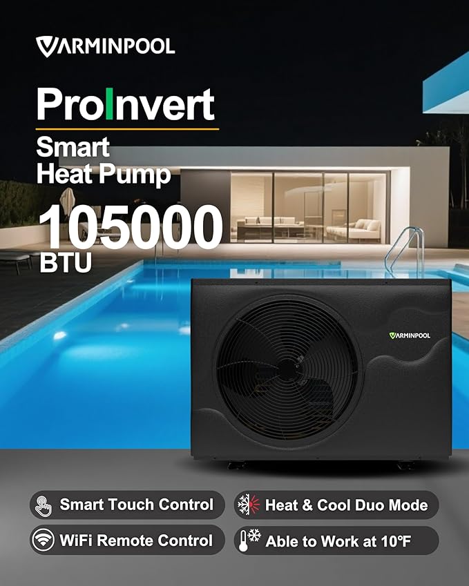 105000BTU Inverter Electric Pool Heater, Smart WiFi Control Pool Heat Pump for 30000 Gallons In and Above Ground Swimming Pools, Timer Function, Heat and Cool, Energy Efficient, 220V