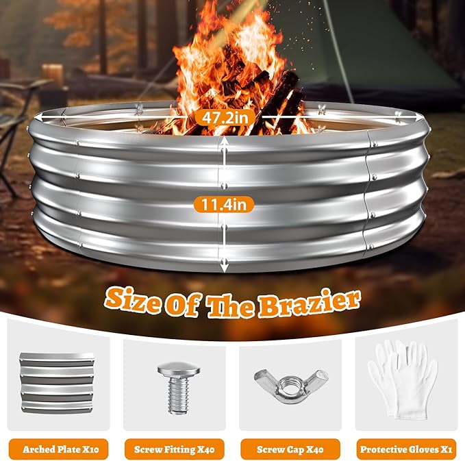 Metal Fire Pit Ring/Bonfire Fire Ring- 4 FT Diameter, 0.8 MM Thick,1 ft High, Durable and Stylish for Outdoor Fire Pits,Patios and Camping (Silver, 4X4X1 ft)