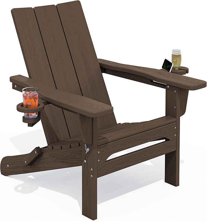 SERWALL Modern Adirondack Chairs, Folding Adirondack Chair with Cup Holders, Outdoor HDPE Adirondack Chair for Patio Lawn Garden, Coffee