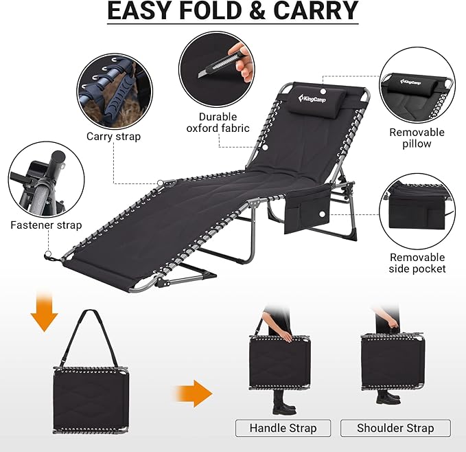 KingCamp Set of 2 Oversize Padded Folding Chaise Lounge Chair for Outdoor, Patio, Beach,Lawn, Sunbathing, Tanning, Pool, Lay Flat Heavy-Duty Adjustable Reclining Chairs with Pillow, Support 330lb