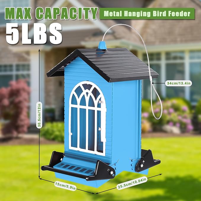 Squirrel Proof Bird Feeder for Outdoors,5LB Large Capacity,Metal Wild Bird Seed Feeder with Bilateral Weight-Activated Perches for Outside Hanging,Garden Decoration,Blue