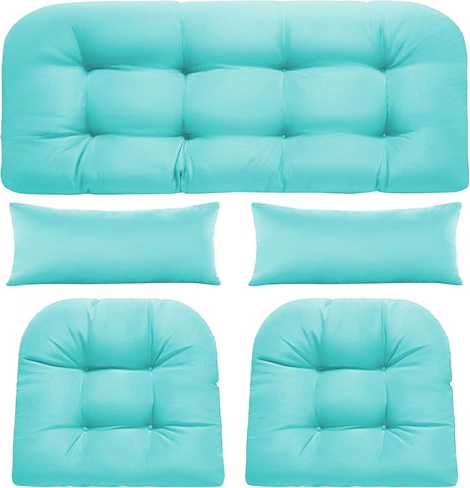 Wicker Chair Cushions of 5 Pieces, Waterproof Outdoor Loveseat Cushion for Wicker Furniture, 1 Love Seat Cushion, 2 U-Shape and 2 Lumbar Pillows for Patio Furniture (Teal)