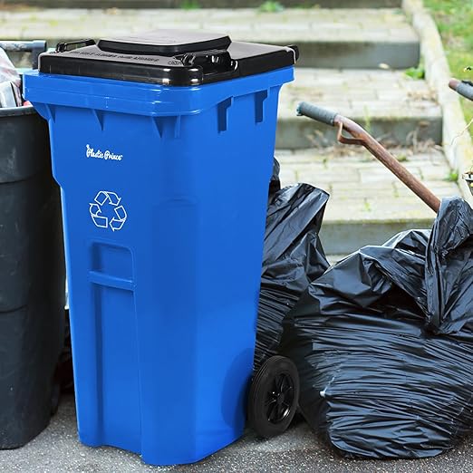 32 Gallon Trash Can Outdoor Recycling Bin with Lid and Wheels Heavy Duty Rolling Garbage Can with Lid Blue Recycle Bin with Wheels for Warehouses Hospitals Restaurants, Pack of 2