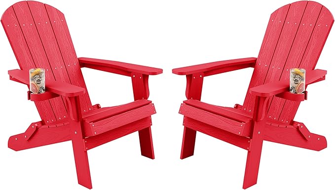 YEFU Adirondack Chair Set of 2, Folding Oversized Plastic Adirondack Chair with Cup Holder, Lawn Chair with Weather Resistant for Outdoor Deck Garden, Weight Capacity Up to 400 Lbs–Red