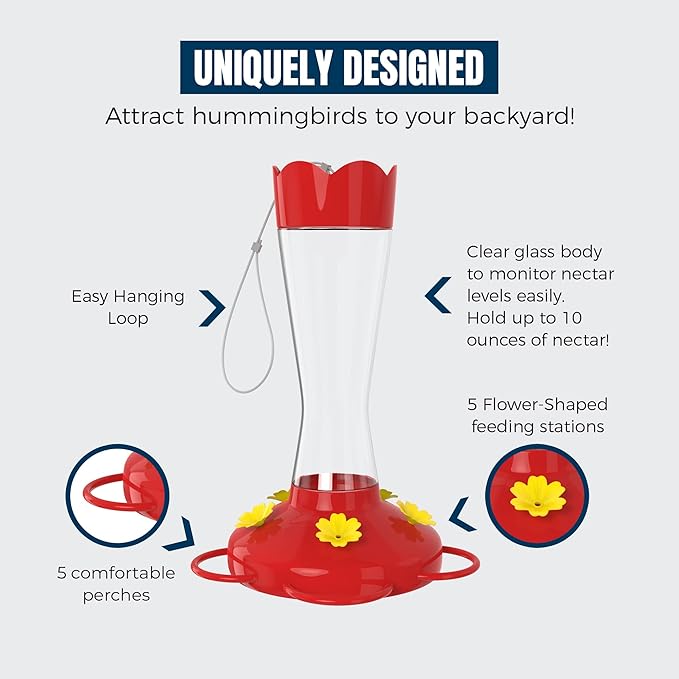 MEKKAPRO Outdoor Hummingbird Feeder Made from Glass, Humming Bird Feeders for Outdoors Hanging Ant and Bee Proof with 5 Nectar Feeding Stations, Bright Red, Backyard Feeder (10 Ounces)