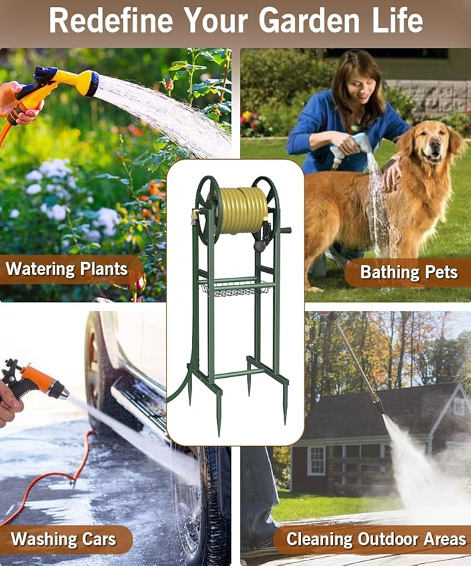 Garbuildman Ground Mount Garden Hose Reel Holds 125 Feet of 5/8-Inch with 3.9 ft Leader Hose, Brass Fitting, Water Hose Holder Stand with Storage Rack & 4 Spikes Base for Outdoor Lawn, Green