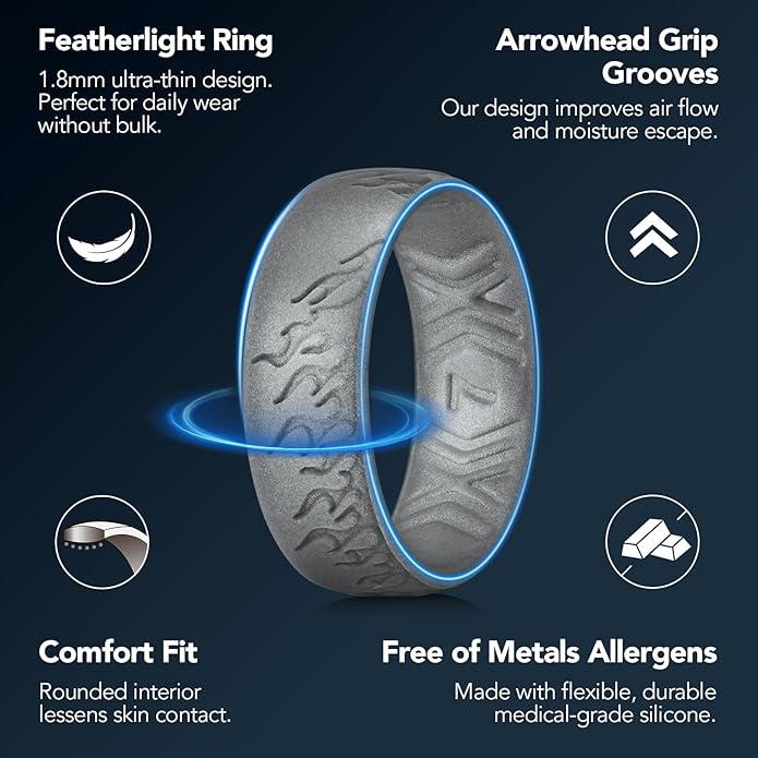 King Will Silicone Ring for Men and Women, 1.8mm Ultra Thick 6.6mm Width, Dome Metallic Style Comfort Fit - Breathable Durable Flexible Wedding Band