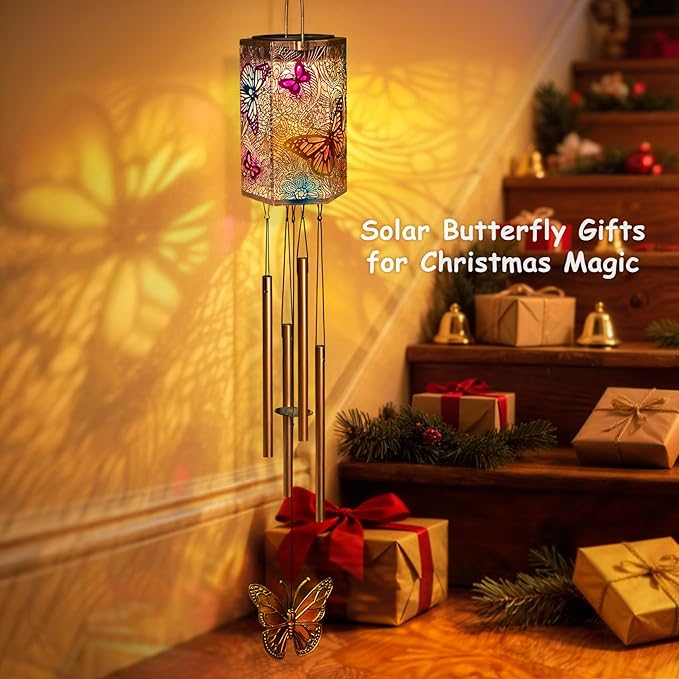 Homeimrpo Solar Wind Chimes Lights for Outside, Butterfly 3D Multicolor Waterproof Solar Lantern Chimes Outdoor Lights Hanging Decor for Garden, Porch, Yard Gifts for Mom Grandma