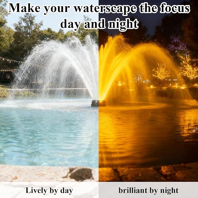 Pond Fountain Aerator with Lights, 1 HP with Dynamic RGB Lighting, Adjustable Modes, Digital Timer, for Large Ponds, Lakes & Outdoor Water Features, 15,000 GPH, 750W 110V, 100FT Cord