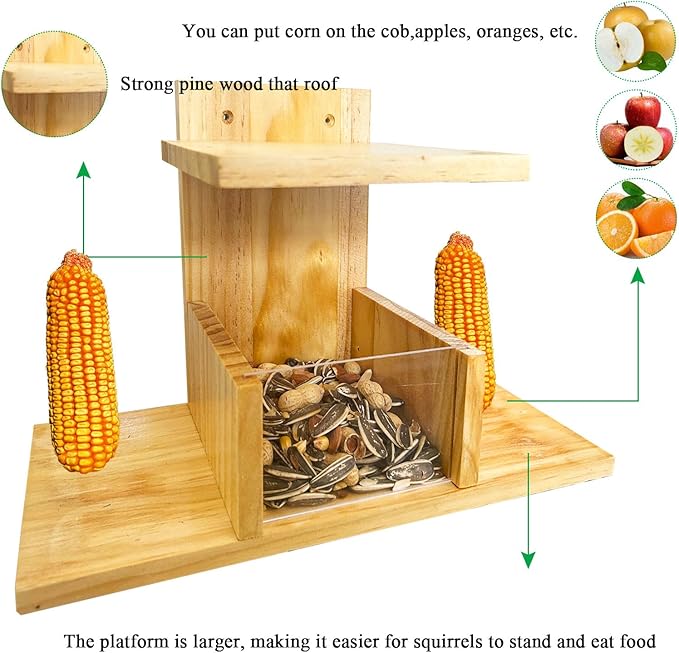 Squirrel Feeder, Wooden Squirrel Feeders for Outside, Durable Chipmunk Feeding House Corn Cob Holder and Peanut Nuts Tray for Outdoors, Easy to Clean & Refill, Waterproof