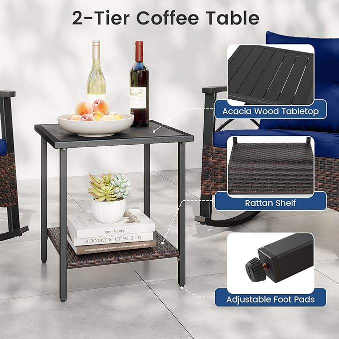 Tangkula 3 Piece Rattan Rocking Chair Set, Patio Rocker Bistro Set w/Acacia Wood Tabletop & Armrests, 2 Outdoor Cushioned Armchairs w/Double-Tier Side Table for Porch, Balcony, Backyard