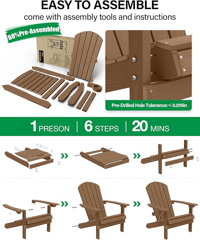 YEFU Adirondack Chairs Set of 4: Outdoor Chair HIPS Plastic Adirondack Chairs - Patio Chairs with Cup Holder & Wood Texture - Lawn Fire Pit Deck Porch Garden Chairs for Adults (Teak)