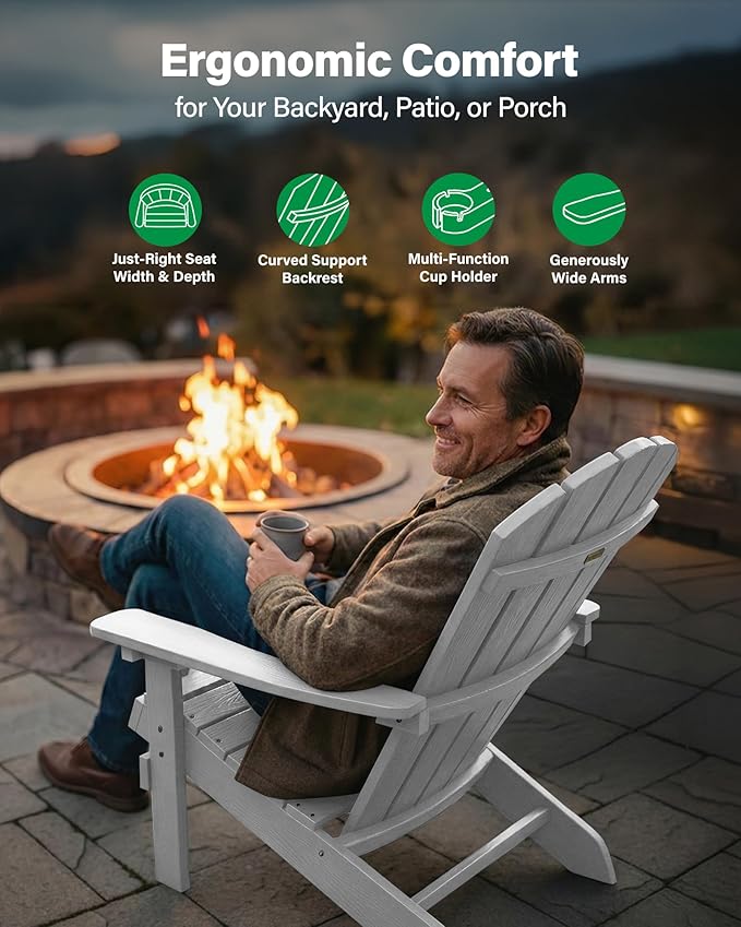 YEFU Adirondack Chair Weather Resistant: Outdoor Chair HIPS Plastic Adirondack Chairs - Patio Chairs with Wood Texture - Lawn Fire Pit Deck Porch Garden Chairs for Adults (White)