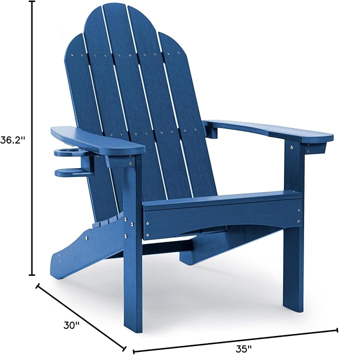 LUE BONA HDPS Adirondack Chairs Set of 2, Fire Pit Outdoor Chair Weather Resistant with Cup Holder, Modern Plastic Chair Plastic for Patio, Deck, Proch, 350LBS, Navy Blue