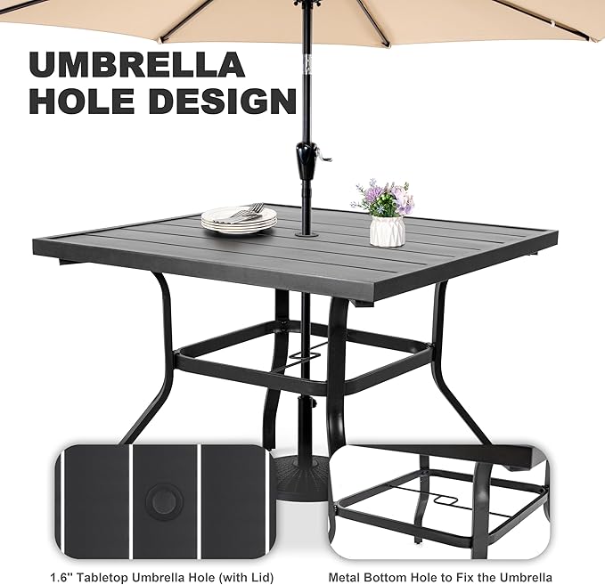 NUU GARDEN 5-Piece Outdoor Patio Furniture Dining Set, 37" Square Metal Table with 1.6" Umbrella Hole and 4 Textilene Padded Chairs, All-Weather Dining Set for Backyard, Deck, Garden, Blue