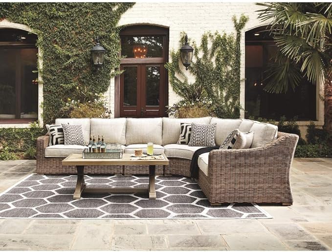 Signature Design by Ashley Beachcroft Outdoor Curved Corner Chair with Cushion, 2 Pillows, Performance Fabric, Resin Wicker, 18.5" Seat Height, Beige