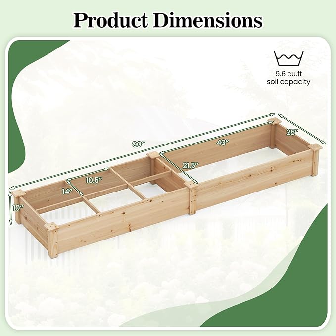 Giantex Wooden Raised Garden Bed with 2 Planter Boxes & Dividers, 90"x25"x10" Raised Bed for Flowers Vegetables Fruits Herbs Gardening Planting, Outdoor Garden Box for Patio Backyard Lawn (1)