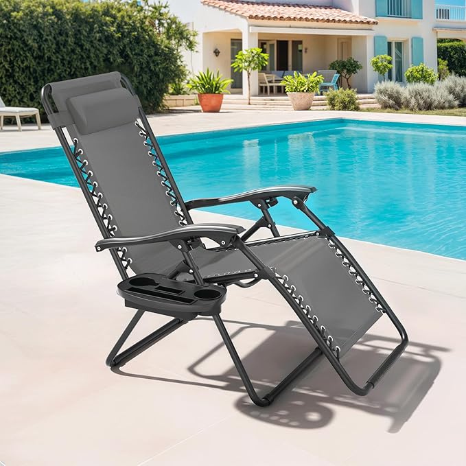 Magshion Zero Gravity Lounge Chair, Adjustable Folding Recliner with Cup Holder Side Tray & Removable Headrest Pillow, Portable Outdoor Patio Lounger for Camping, Beach, Lawn, Backyard, Grey