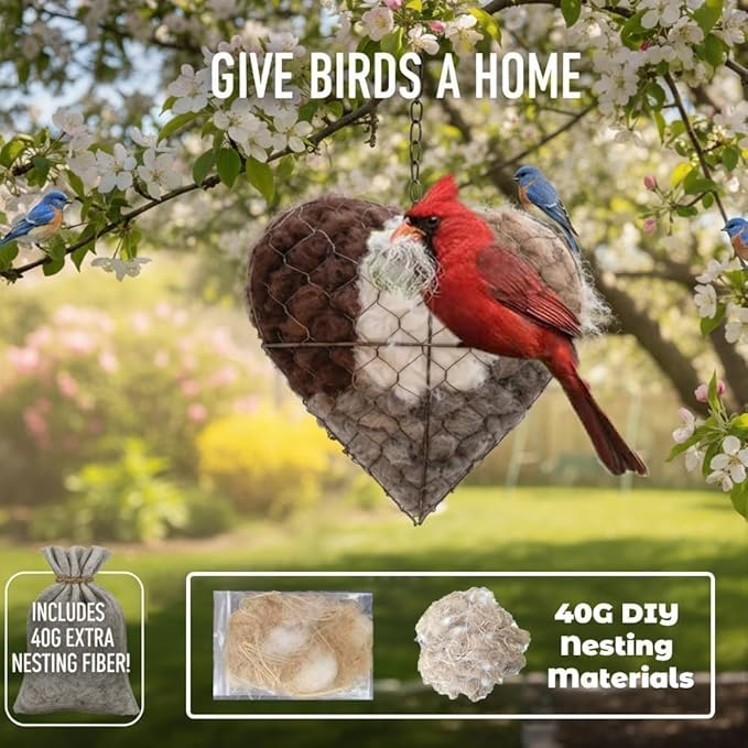 Handmade Fiber Bird Nesting Heart, Birds Nests Material Holder, Winter Tree Shelter for Wild Bird, Hummingbird Houses Nest Boxes for Outside Art Birdhouse