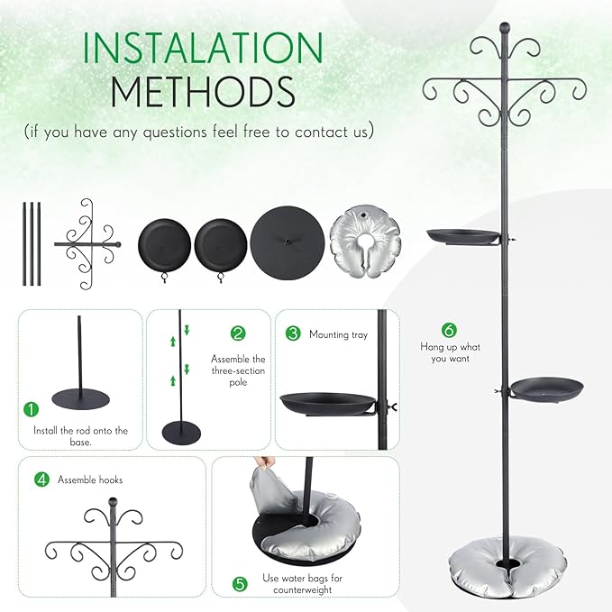 1 Set Upgraded 75.9" Shepherds Hook for Bird Feeder, Hanging Plant Wind Chime Stand, Metal Adjustable Standing Pole Holder for Indoor Outdoor, with 2 Rack & Weight Bag (Vintage 2 Hooks)