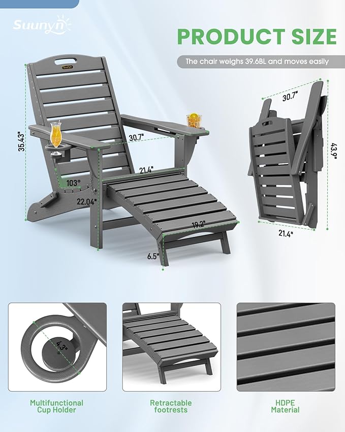 Folding Adirondack Chairs Set of 2,HDPE Adirondack Chair with Retractable Ottoman,Weather Resistant Patio Chair,Outdoor Chairs Set of 2(Gray)