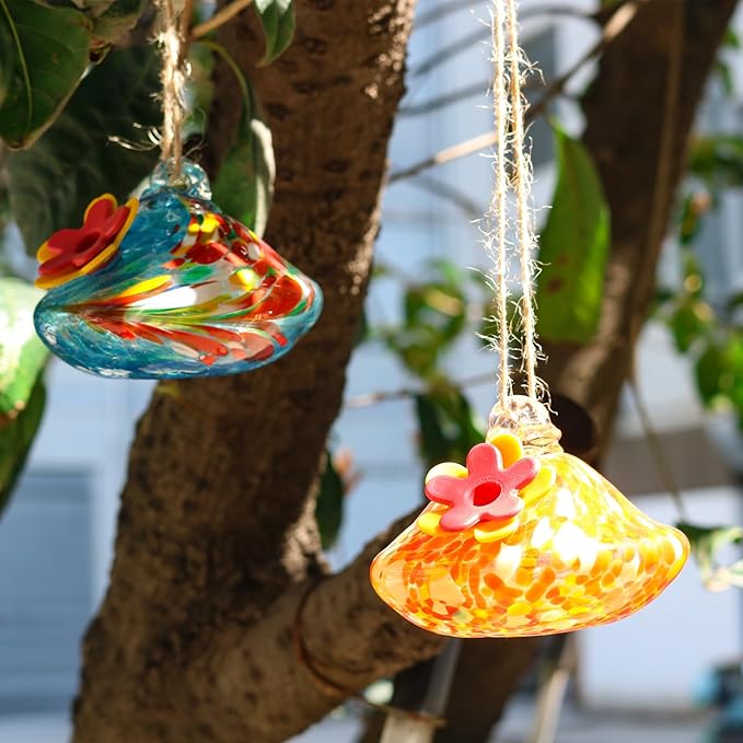 2 Pcs Blown Glass Hummingbird Feeder for Outdoors Hanging, Ant & Bee Resistant Window Bird FeederHandmade Garden Decor Gift for Women - Small Round Glass Feeders Bundle (Droplet B2)