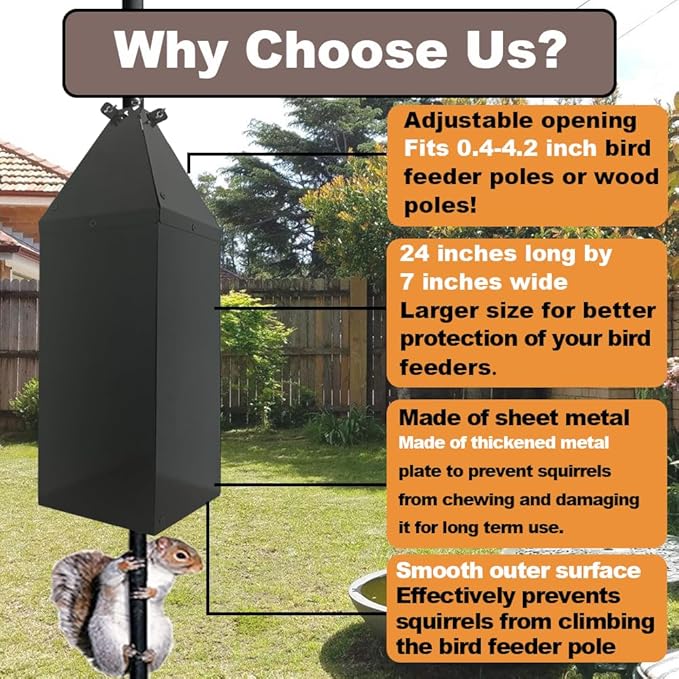 24.4Inch Metal Squirrel Baffle, Adjustable Opening Size, for Up to 4x4 Inch Wide Wooden Post, Squirrel Baffle for Bird Feeders Without Removing Bird Feeder Poles Or Shepherd's Hooks.