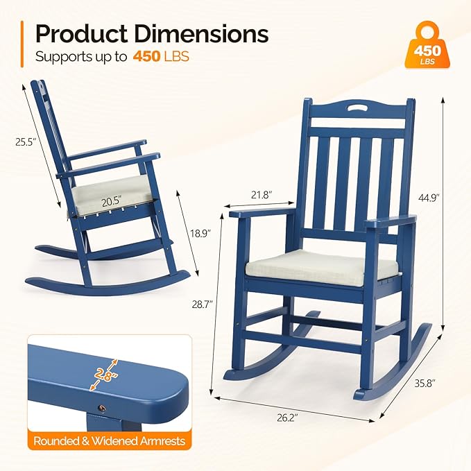 VINGLI Outdoor Rocking Chair, Heavy Duty 450 lbs Poplar Wooden Rocking Chair with High Backrest Design, Come with a Cushion, All-Weather Lounge Rocker Support for Garden, Deck (Navy Blue)